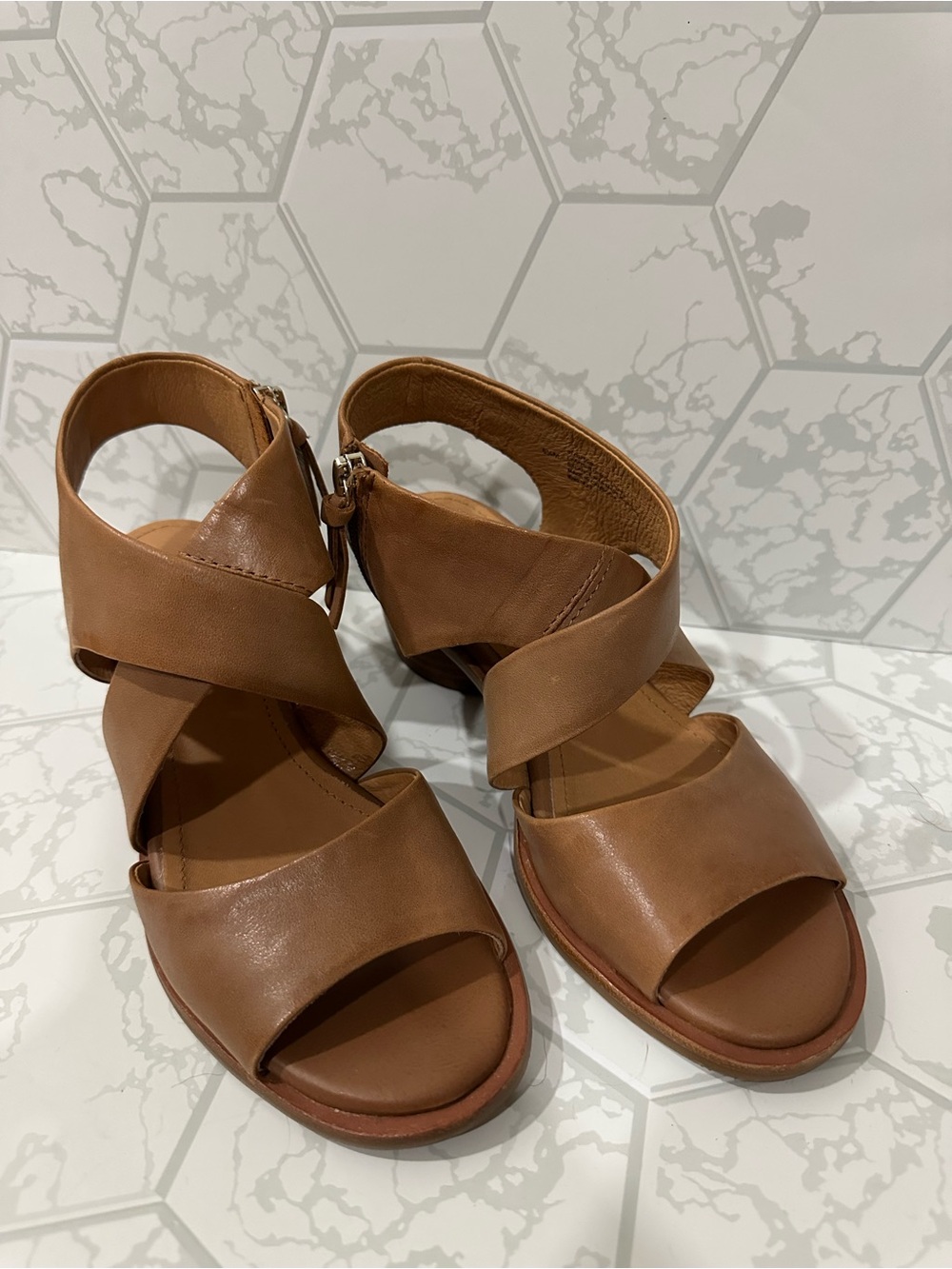 Sofft Brown Crisscross Wedge Sandals with Ankle Zip